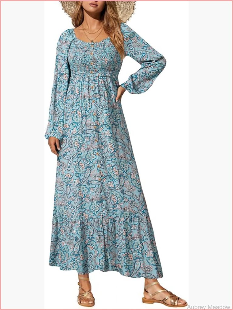 Women's Boho Floral Smocked Empire Waist Square Neck Long Sleeve Button Maxi